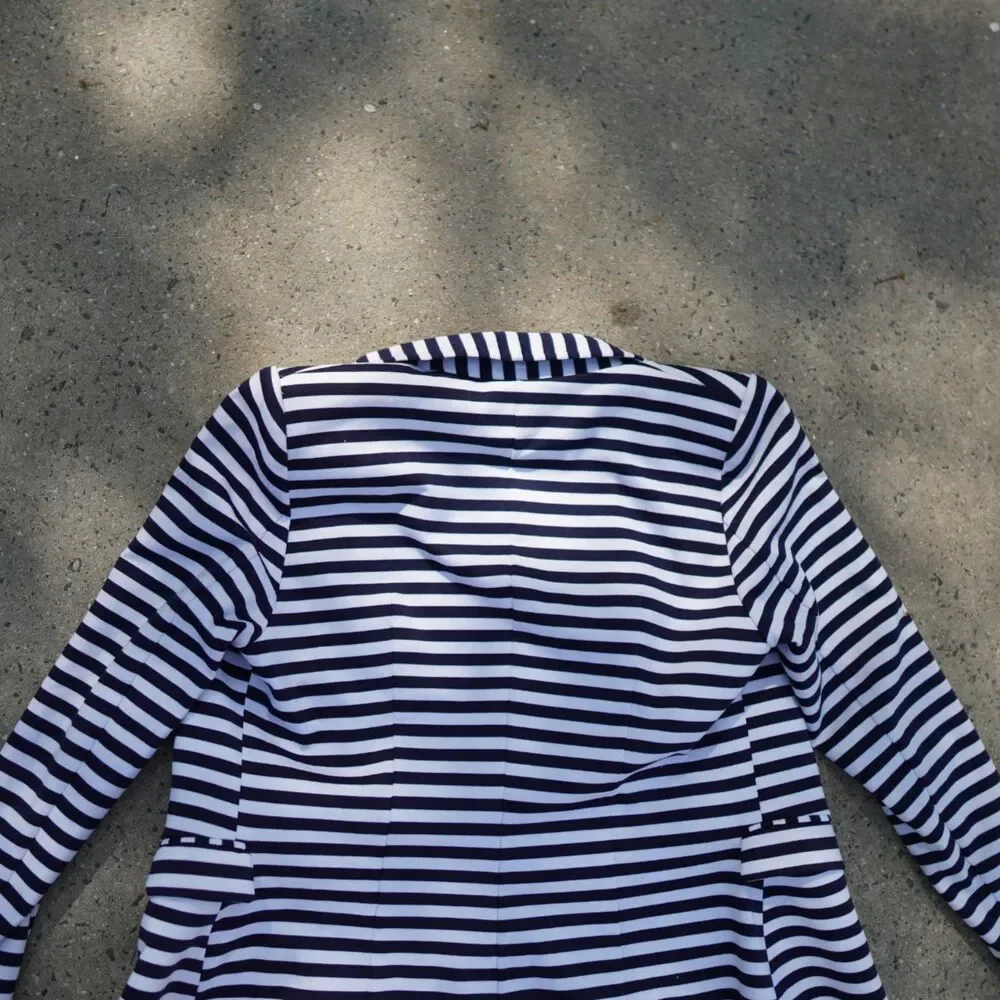 H&M Navy White Striped Blazer Gold Button Tailored Jacket Size 12 Preppy Work - Picture 15 of 15